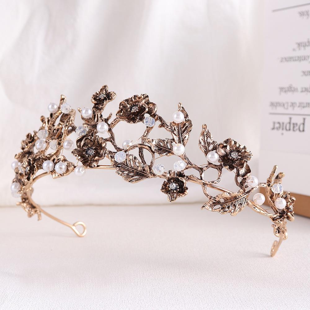 Baroque Vintage Bridal Crown Flower Leaf Rhinestone Handmade Beaded Headdress Wedding Dress Accessories Hair Accessories