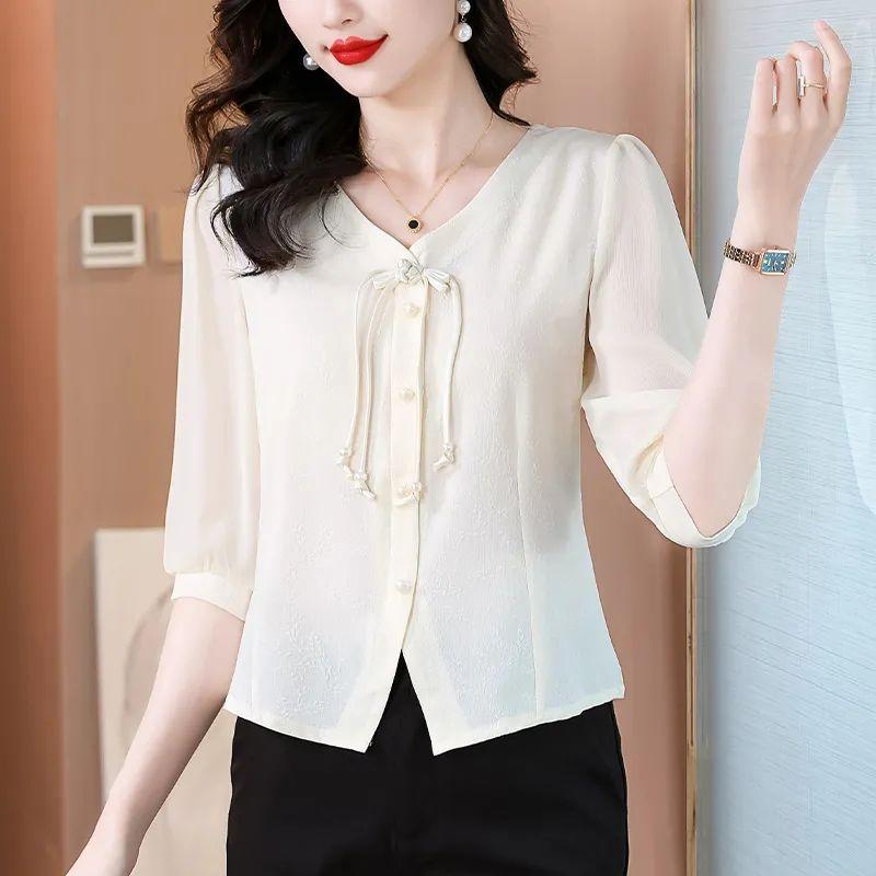 WTEMPO Women Shirt Chinese Style Elegant Long Sleeve Cheongsam Shirt Casual Women Top Female Spring Blouse for Dating