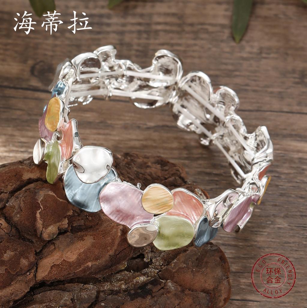 Эмалевый геометрический овальный эластичный браслет, женский преувеличенный высококлассный браслет с нерегулярными цветами