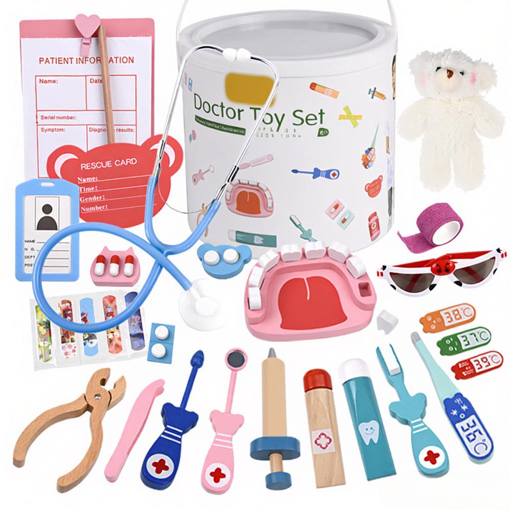 Kids Realistic Dentist Doctor Kit Pretend Play Wooden Toy Set with Stethoscope Thermometer Tooth Model Dental Probe Dental Mirror Toothbrush Toothpas