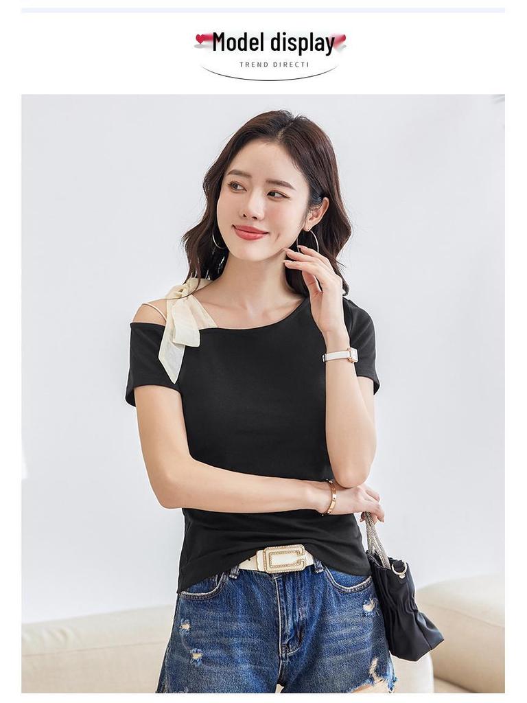 2025 Sexy Korean Off-the-Shoulder Slimming T-Shirt - Women's Cotton Short Sleeve Top