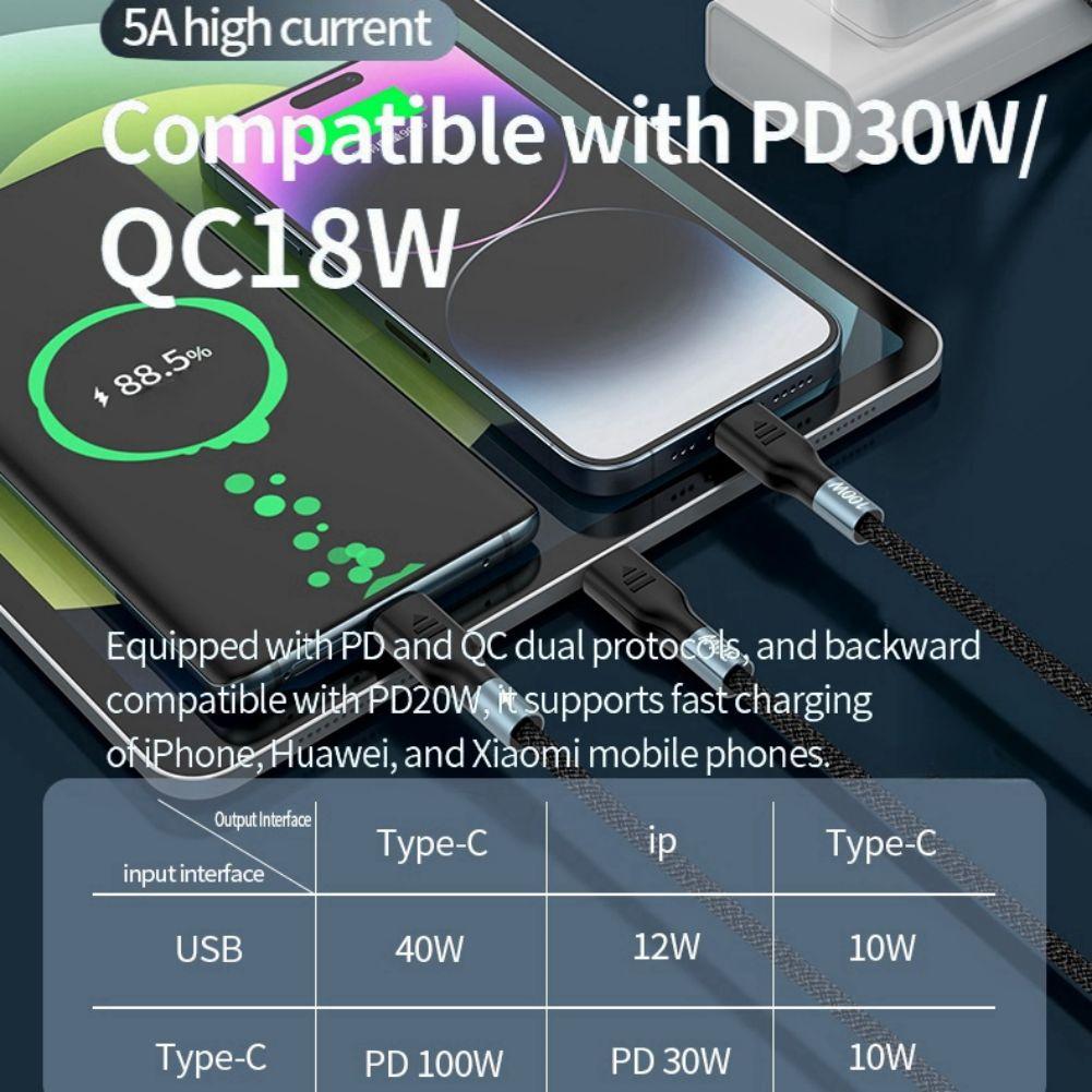 3 In 2 100W USB A/USB C To USB C Lighting Cable Fast Charging Data Cord Compatible For IPhone 15 Laptops Tablet S24/S23