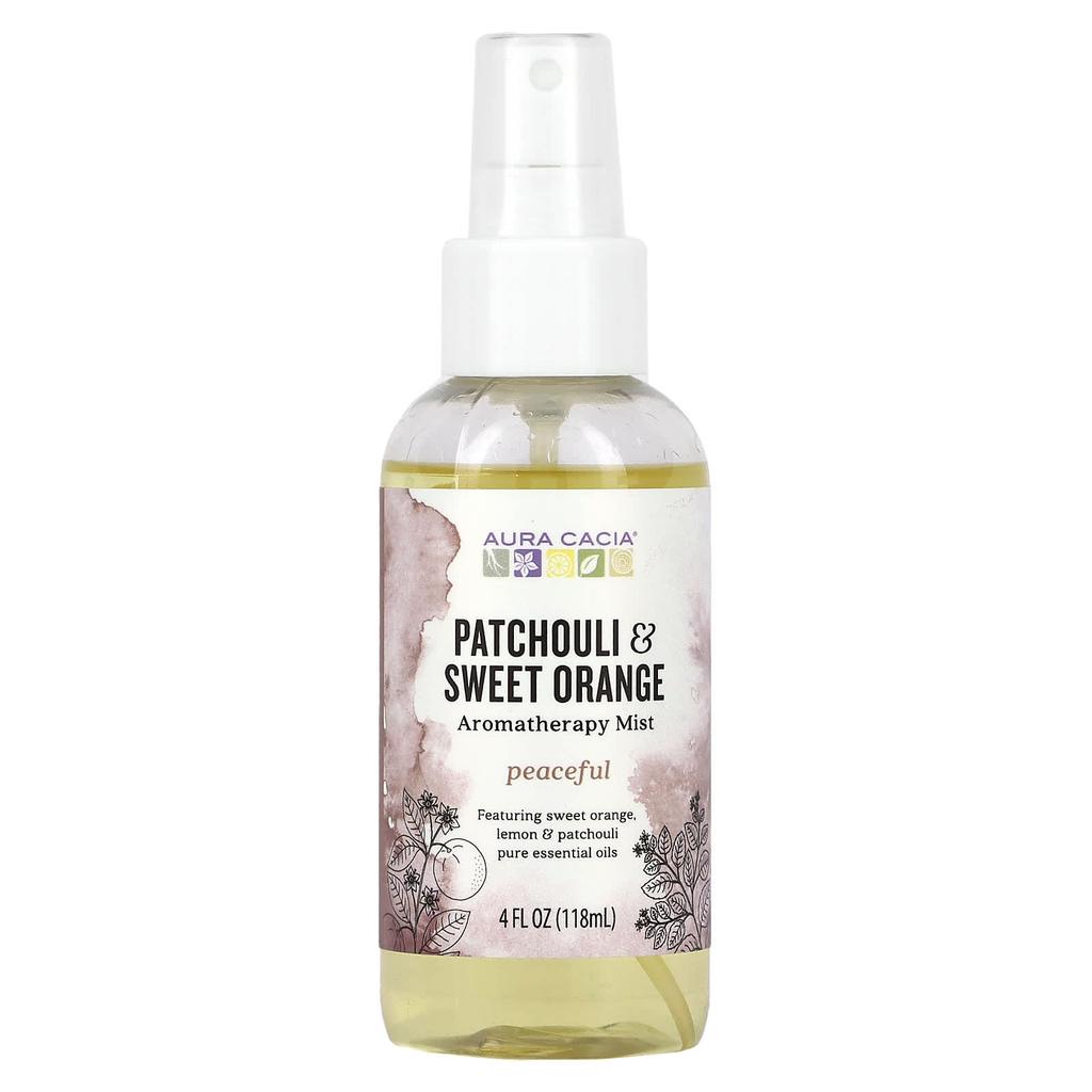 Aura Cacia, ароматерапевтический спрей для комнаты и тела, расслабляющий пачули и мандарин, 4 жидких унции (118 мл)