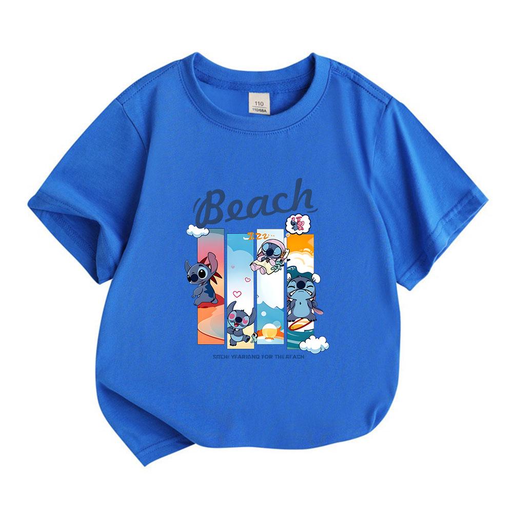Kids Boys Girls Crew Neck Short Sleeve 100% Cotton T-Shirt, Cute Blue Alien Beach Surf Print Casual Soft Breathable Tee for Daily Summer Holiday Wear