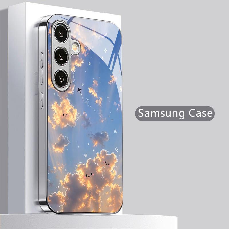 Чехол для телефона 2D с мультяшным узором «Облако» для Samsung S26 S25 S24 S23 S22 S21 S20 A56 A36 A16 - Гальванизированный стеклянный защитный чехол