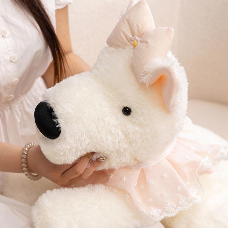Stuffed Doll Multi Size White West Highland Terrier Soft Plush Bow Lace Collar Cute Home Decor Holiday Gift Collection