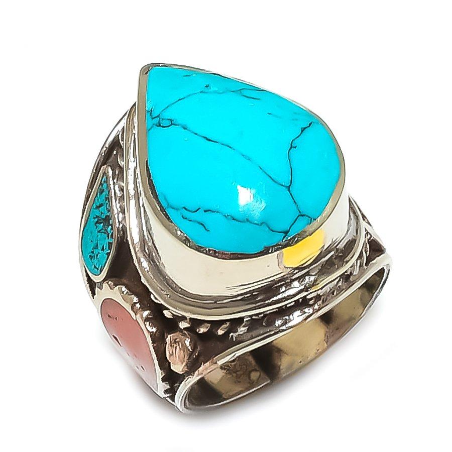 Natural Tibetan Turquoise, Coral Gemstone Handmade Jewelry Ring Size 10.5 T2P78