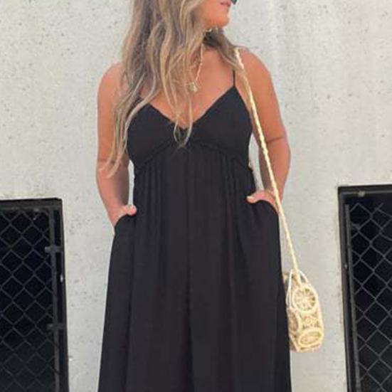 Women Jumpsuit Deep V Neck Backless Wide Pure Leg Loose Sleeveless Color Pleated Spaghetti Strap Casual Vacation Beach