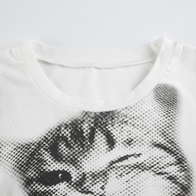 Укороченный топ с принтом «Мозаика кота» в стиле Харадзюку, повседневные базовые футболки с длинным рукавом, облегающие футболки с круглым вырезом Y2K