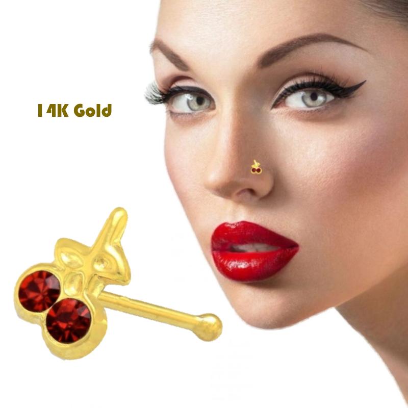 KODY PIERCING 9K Gold Piercing Jeweled Cherry Ball End Nose Pin - Quality Piercing