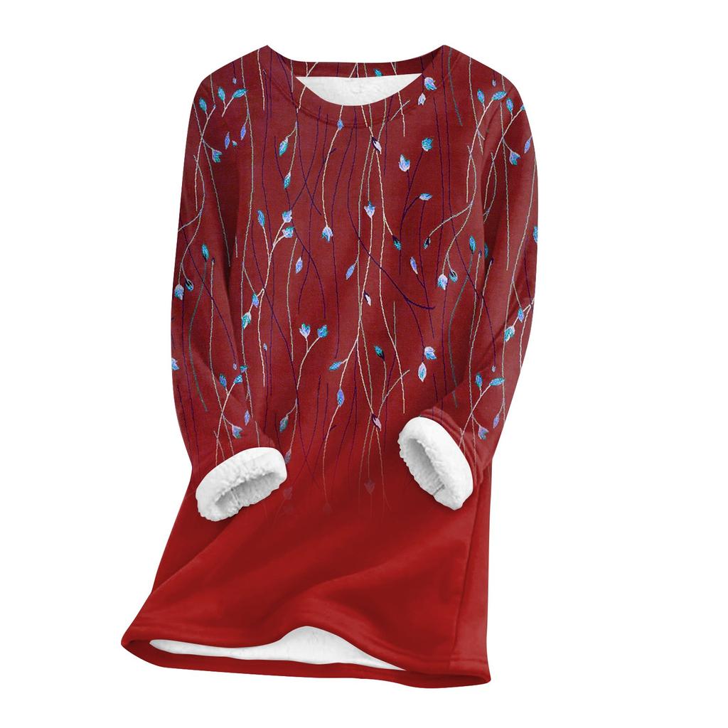 Женский топ с круглым вырезом и принтом из утолщенного плюша и кашемира, теплый длинный топ