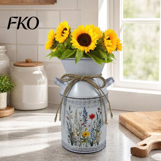 Farmhouse Decor Vase Vintage Iron Flower Bucket, Rustic White Double-Handle Metal with Floral Print & Jute Dried Holder Bow, Tabletop for