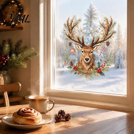 Reusable Window Stickers Christmas Watercolor Reindeer Cling, Removable Elk Head Static Glass Decoration Sticker Decal, Animal Decorative for Holiday