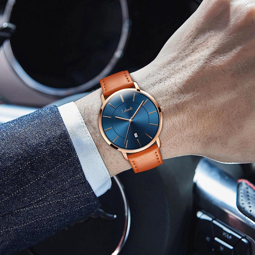 Ultra Thin Simple Casual Business Japanese Quartz 40mm Genuine Leather Unisex Band Rose Gold Blue Men's Watch, 6.5MM, Fashion, Watch, Movement, Dial,
