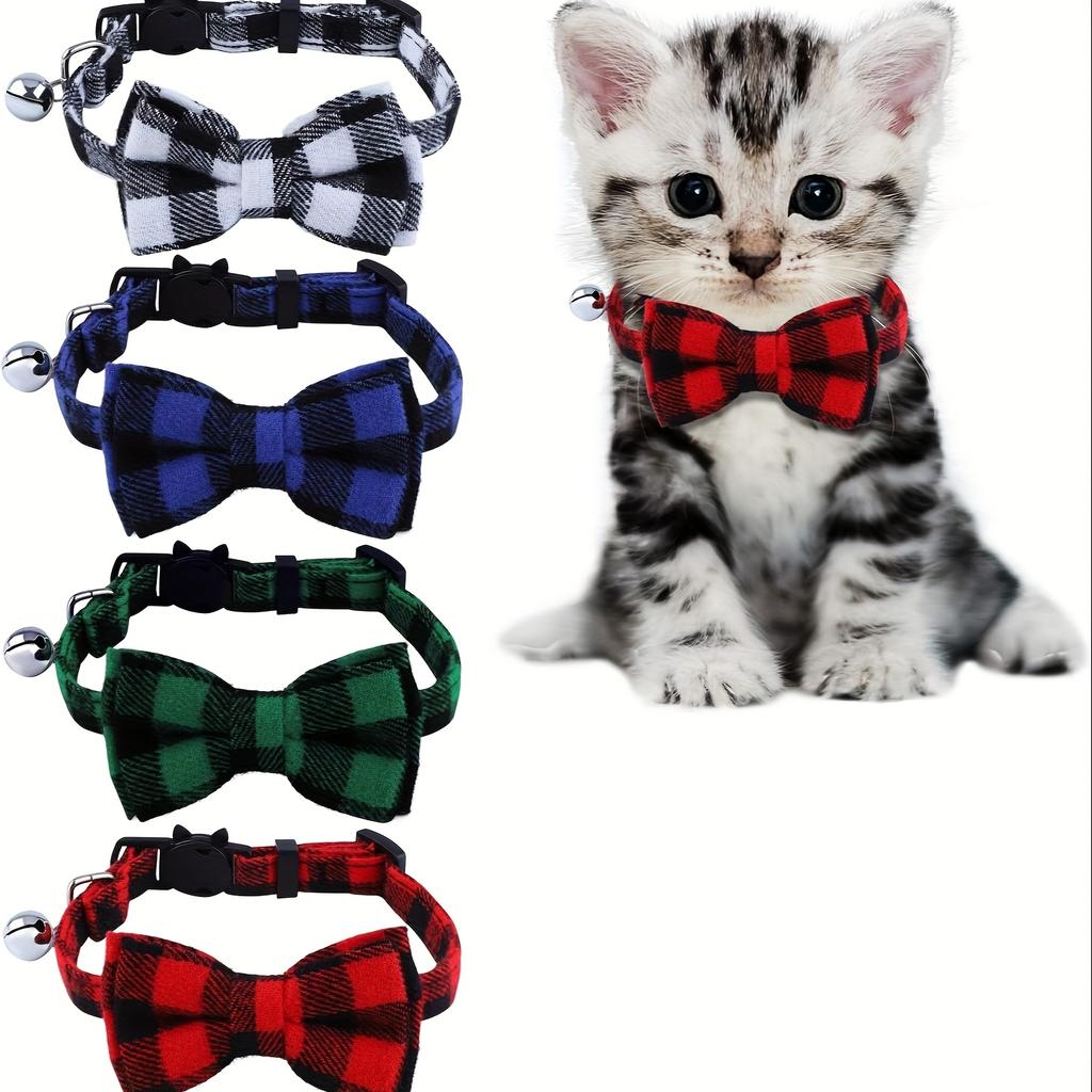 Cat Collars with Bell & Cute Bowtie Adjustable Plaid Polyester Collars for Cats, Kittens & Small Dogs Pet Safety Collar Pet Accessory