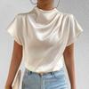 Женские повседневные топы, плиссированная футболка с коротким рукавом и половиной высокого воротника, однотонные гладкие атласные пуловеры, топы