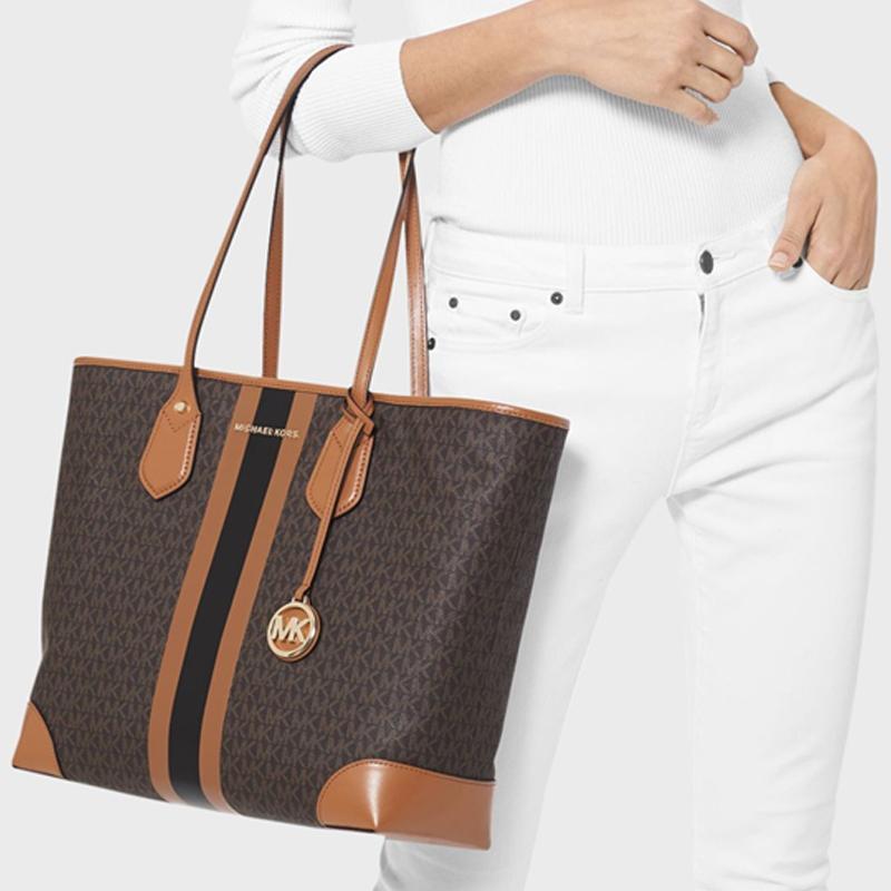 Michael Kors Eva Monogram Logo Stripe Color Block Coated Canvas Tote Bag Women tote Apple-Brown 30T9GV0T7B-252