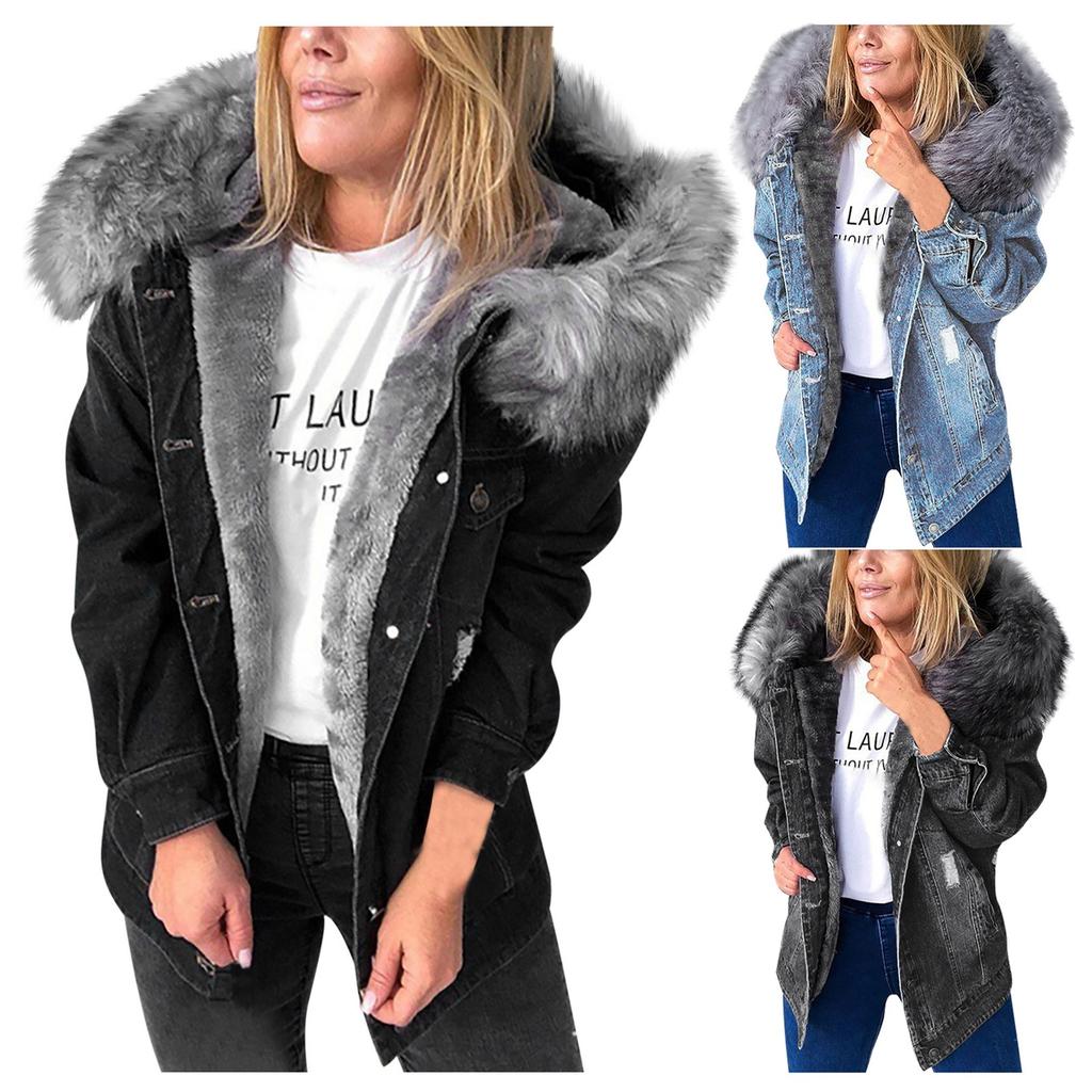 Women's Fashion Loose Denim Buttons Cotton Long Sleeve Plus Fleece Jacket