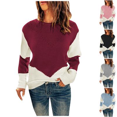 Женская мода повседневный трикотажный топ с круглым вырезом контрастный цвет низ рубашка пуловер свитер