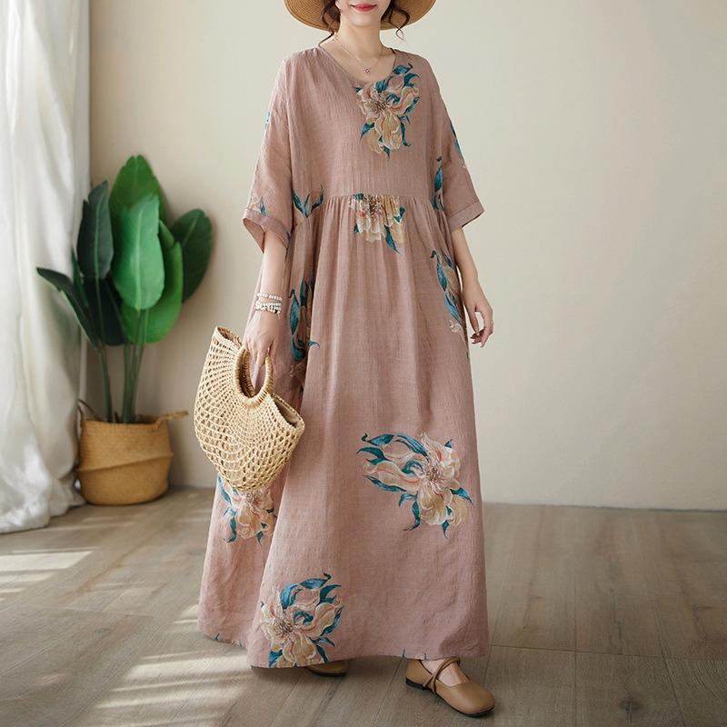 Летние тонкие хлопковые льняные платья с круглым вырезом и короткими рукавами, простое платье средней длины для женщин