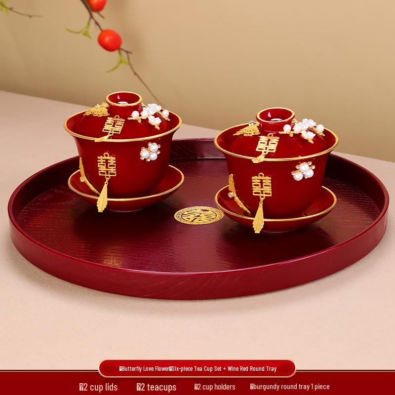 Elegant Wedding Tea Set: Red Toasting Cups, Happy Bowls, and Chopsticks Pair