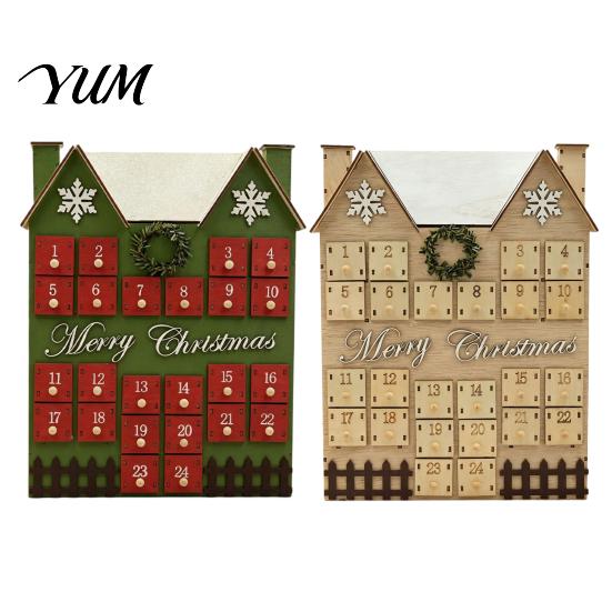 Festive Desktop Decoration Wooden House Christmas Advent Calendar, with 24 Drawers, Countdown to Vintage Style Decor Gift Box, Refillable Xmas