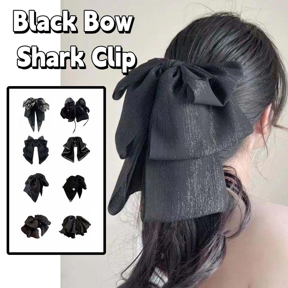 French Style Shiny Rhinestone Hair Claw Elegant Women Sequin Hairgrips Black Bow Shark Clip Party