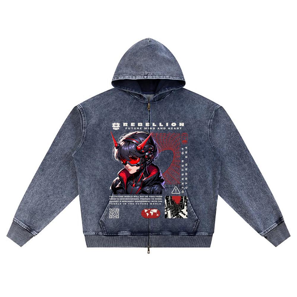 DTG print Knitted Denim Zip-Up Hoodie Manga Graphic Brother Print Zipper Hoodies  