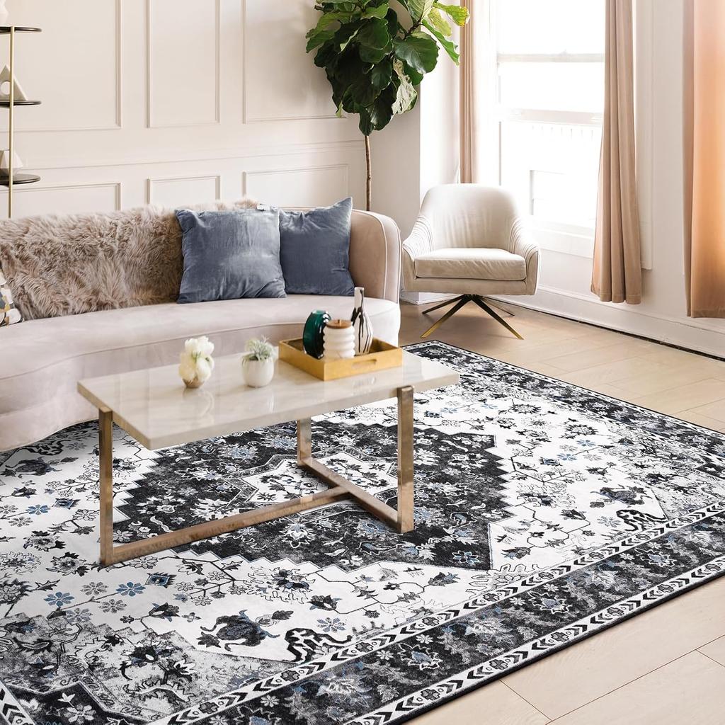 Amearea Vintage Design Area Rugs for Living Room, Machine Washable Floral Collection Traditional Bedroom Rug, Low Pile Cute