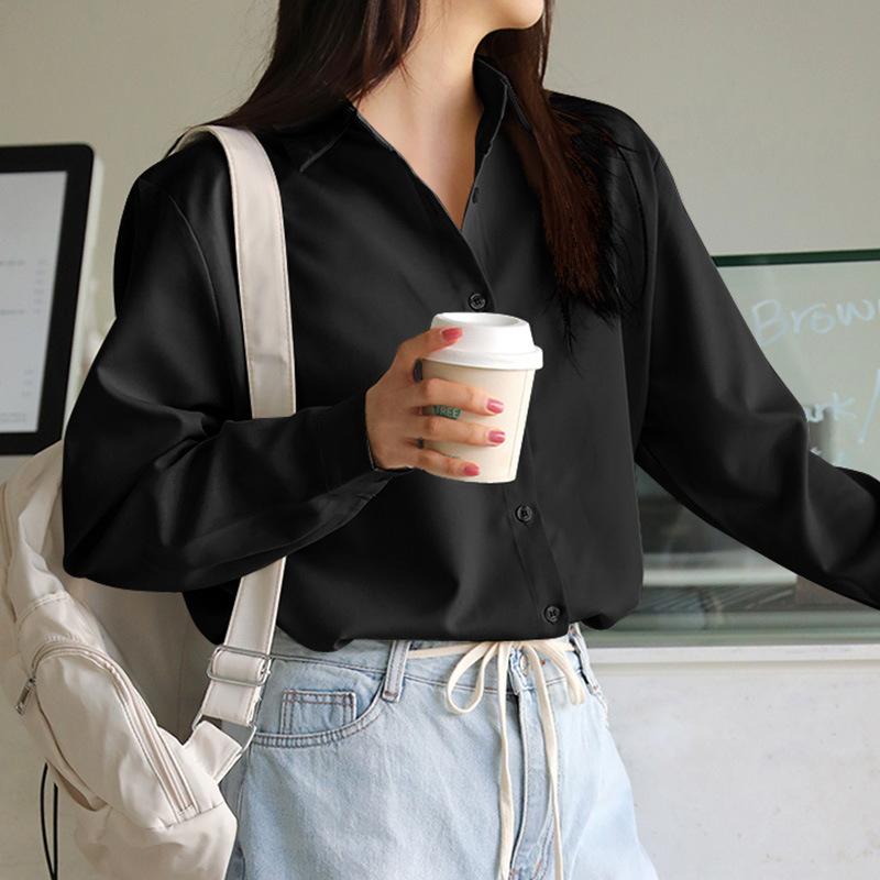 Рубашка с длинными рукавами и однотонным узором для женщин, весна-осень, профессиональная, свободная, для поездок на работу, простая, универсальная, покрывающая тело, утягивающая, топ, блузки и рубашки