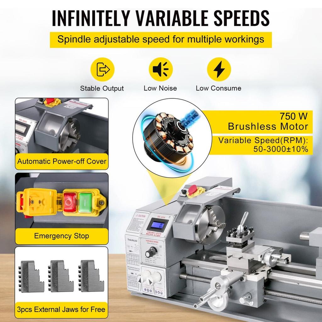 Mini Metal Lathe 750W Variable Speed Metal Lathe 50 to 3000Rpm Milling Precision Lathe 220 x 600mm for Metal Metal Lathe for Counter Face Turning