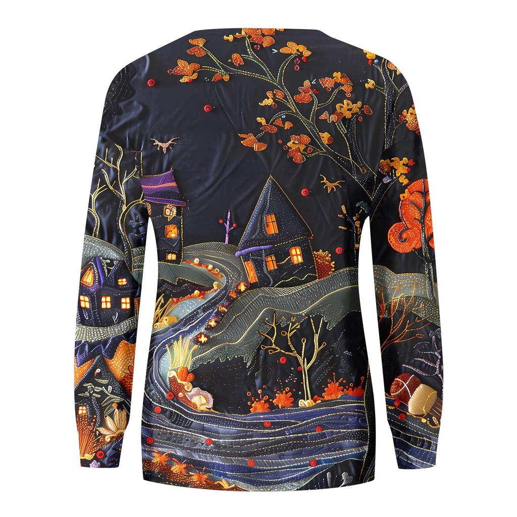 Ladies Fashion Casual Long Sleeve Halloween Printed Round Neck Hoodie Top