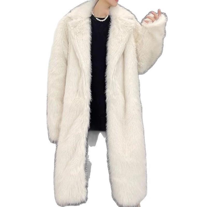 Womens Long Faux Fur Coat - Winter Thick Warm Blazer Collar Fashion Outerwear