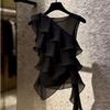Black Chiffon Vest Sleeveless Slim Fit Top Fashion Ruffle Top Summer