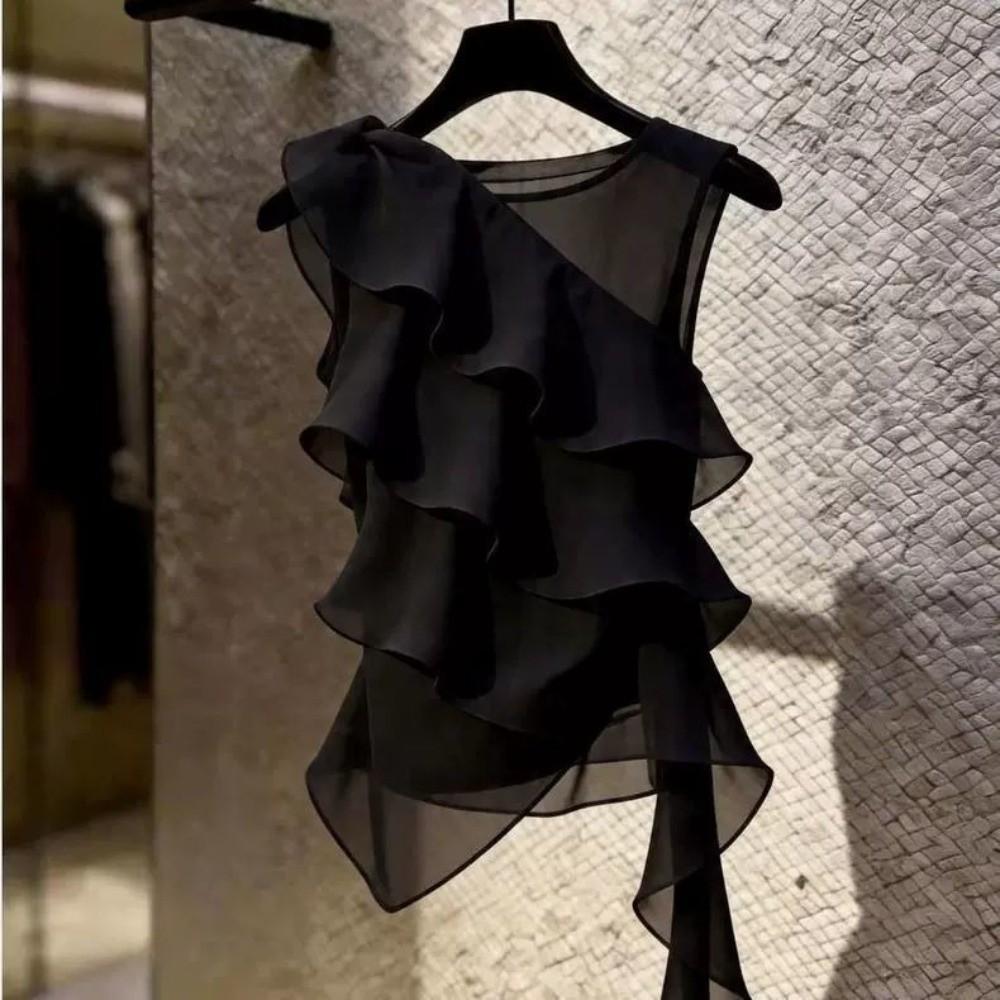 Sleeveless Ruffle Top Waist-Cinching Slim Fit Top Elegant Chiffon Vest for Women