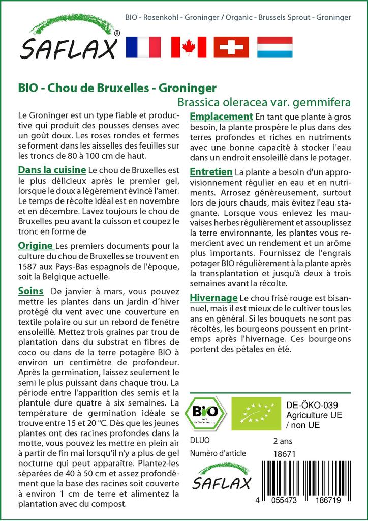 SAFLAX Garden in the Bag - Органический - Брюссельская капуста - Гронингера - 30 семян - С субстратом в подходящем стоячем пакете - Brassica oleracea
