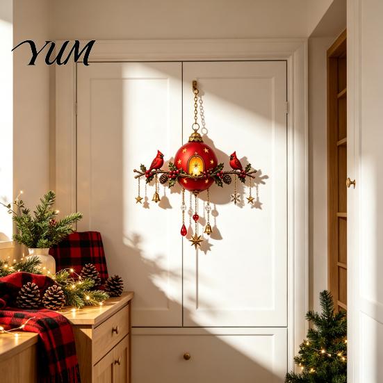Christmas Tree Decorations Lighted Red Bird Ornament, Vintage Berry Pine Bell Holiday Party Supplies Hanging Decor with Warm Glow, Home Porch