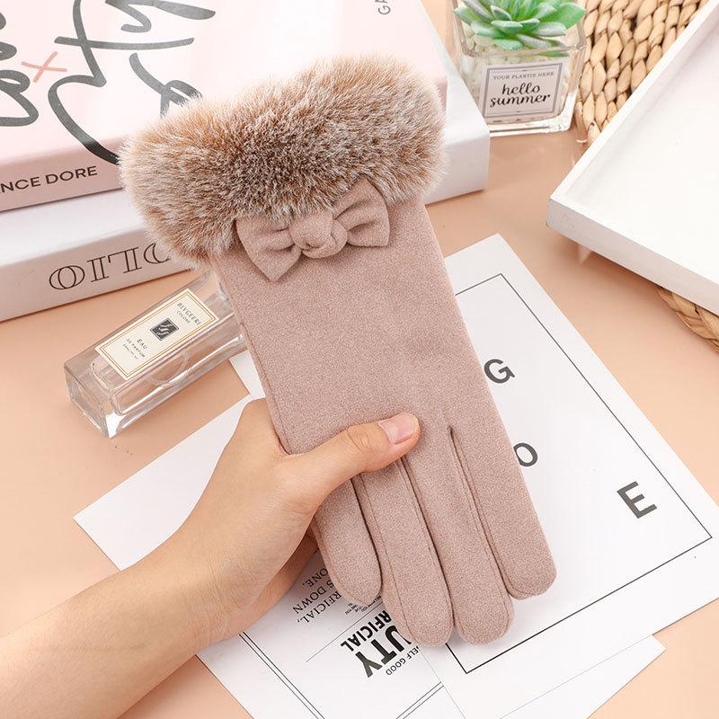 Теплые кашемировые перчатки-бантики для женщин на зиму, корейские, противоскользящие, с сенсорным экраном, простые пальчиковые перчатки, элегантные и модные перчатки