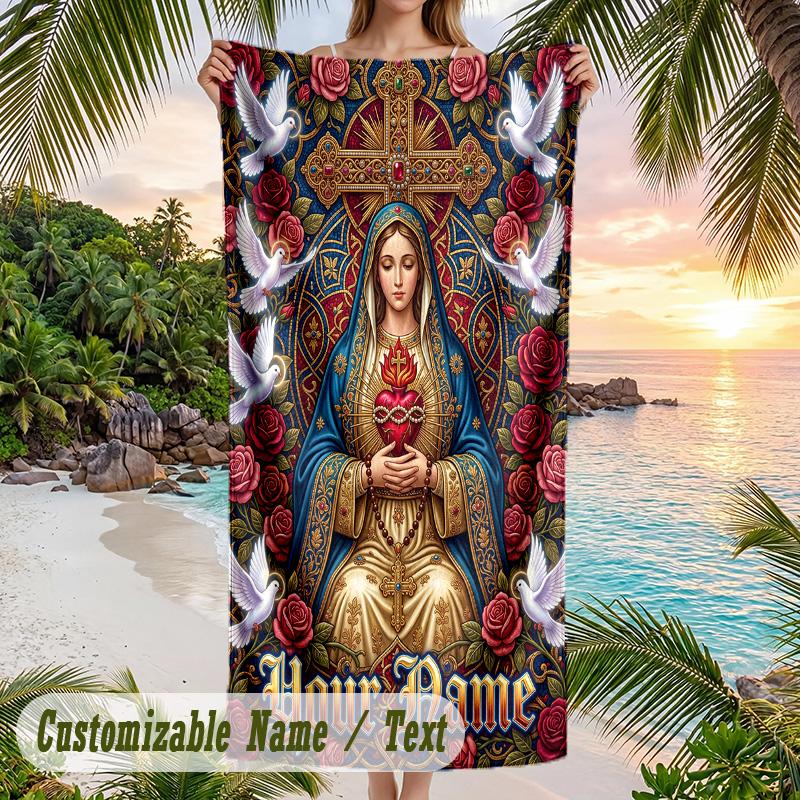 Virgin Mary Theme Beach Towel Personalized Custom Name & Text Soft Quick Dry Beach Towel for Swimming Travel