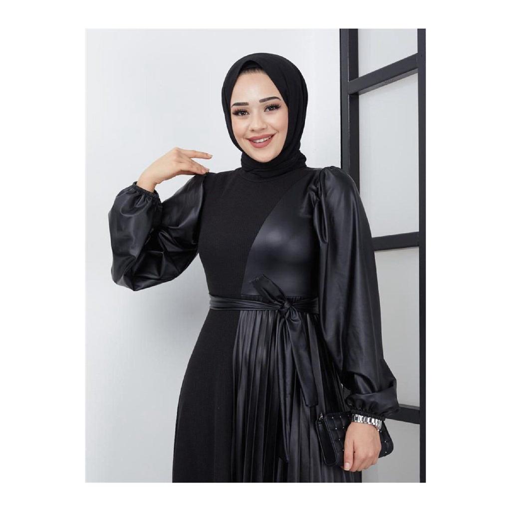 Женское базовое скромное стильное сезонное зимнее кожаное платье-хиджаб Brmck с украшением