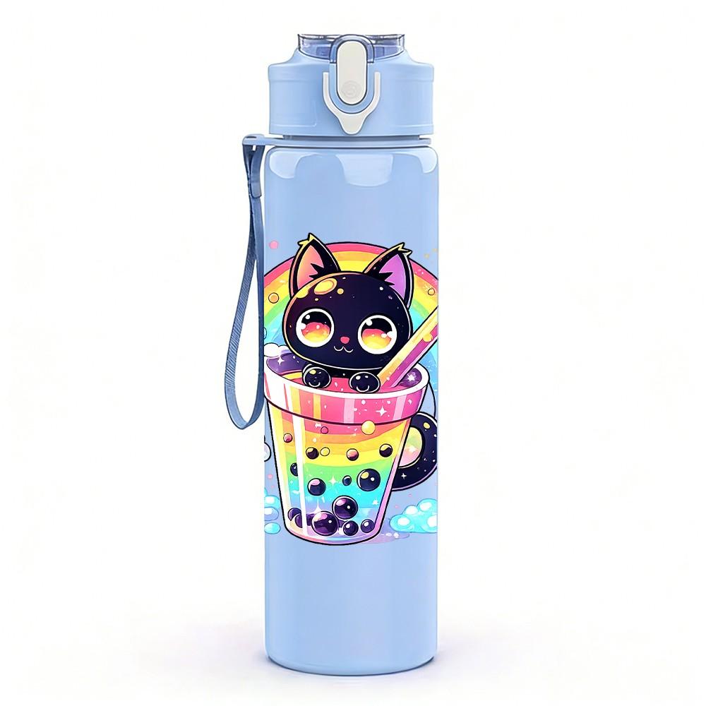 1PC Cat Wearing Colorful Hoodie Cartoon Print 750ml Color Plastic Sports Water Bottle Leakproof Flip Straw Lid Suitable for Sports Office Home Use