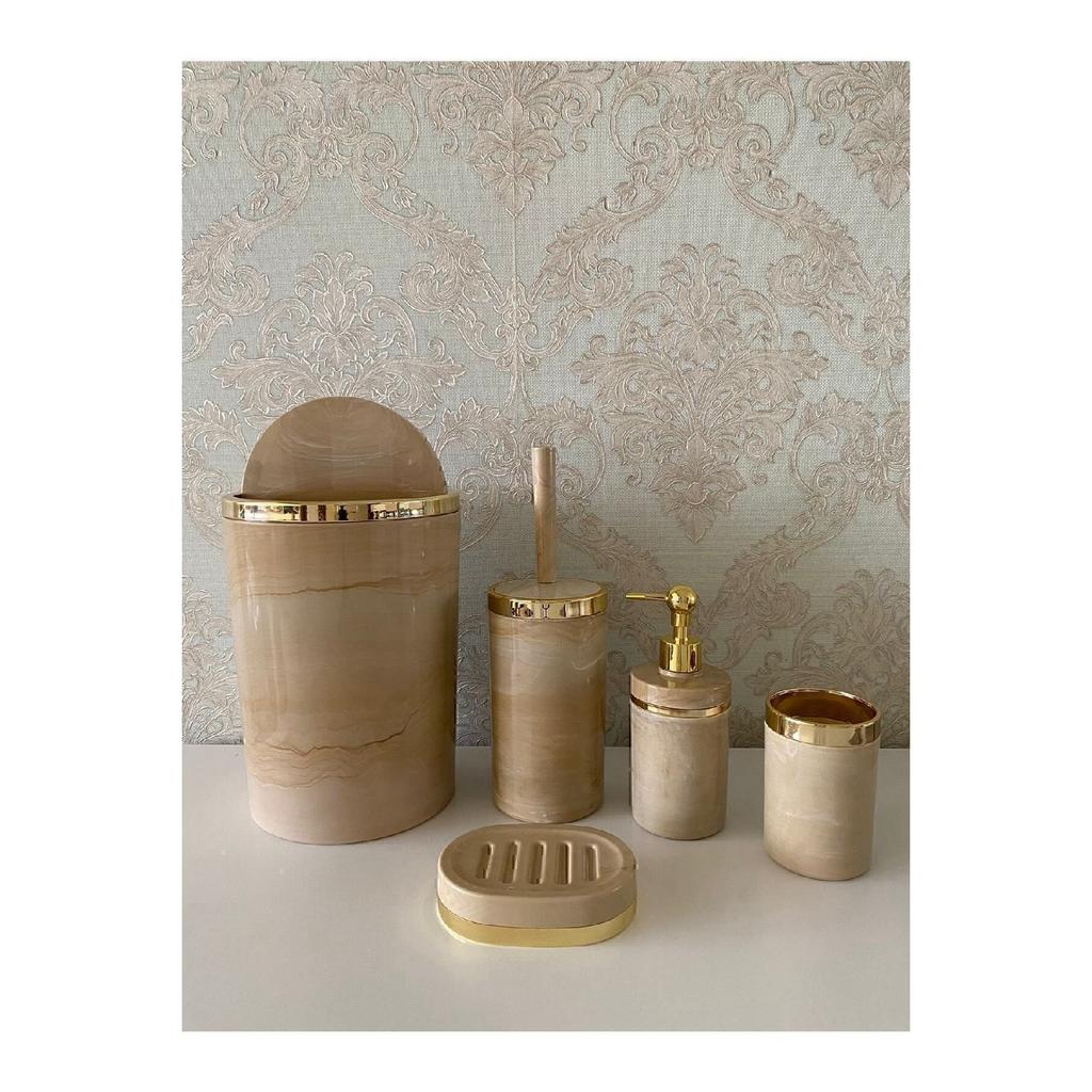 Набор для кремовой ванны с кусочком мрамора / держатель для туалетной щетки, дозатор жидкого и твердого мыла, мусорное ведро, держатель для зубной щетки