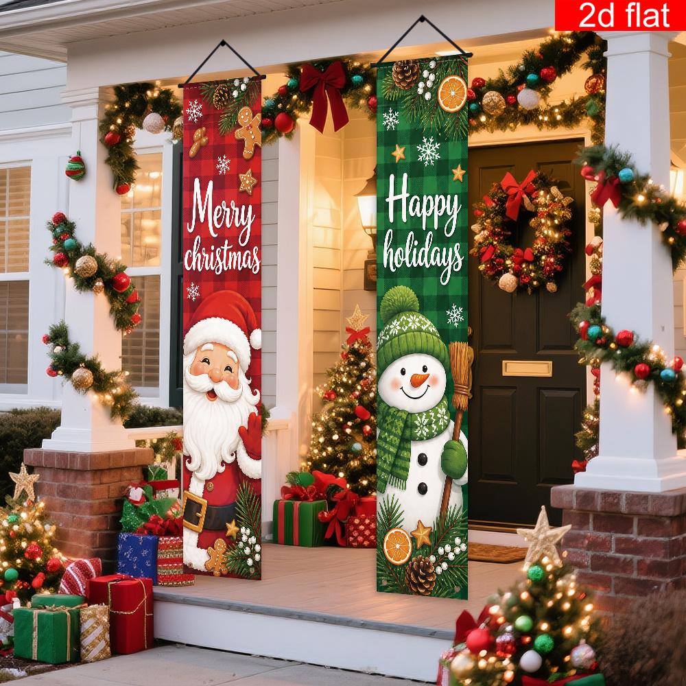 Merry Christmas Porch Sign Santa Claus Snowman 1 Pair Polyester Indoor Outdoor Decor