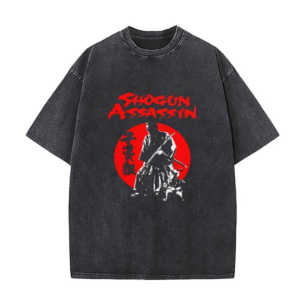 Shogun Assassin design with a red pattern Mens Summer Tshirt Cotton Vintage Washed TShirts
