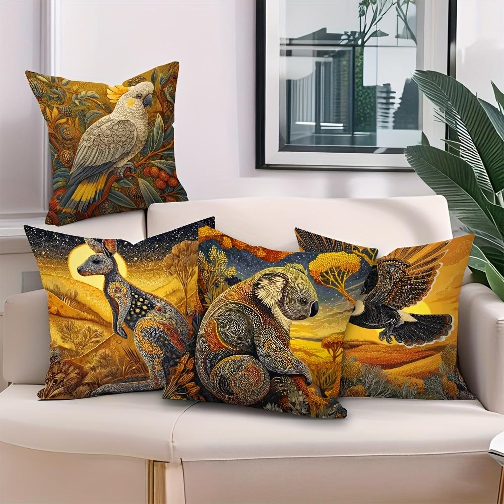 4Pcs Australian Aboriginal Art Throw Pillow Covers, Cockatoo Kangaroo Koala Magpie Print Cushion Cases, Outback Wildlife Decor