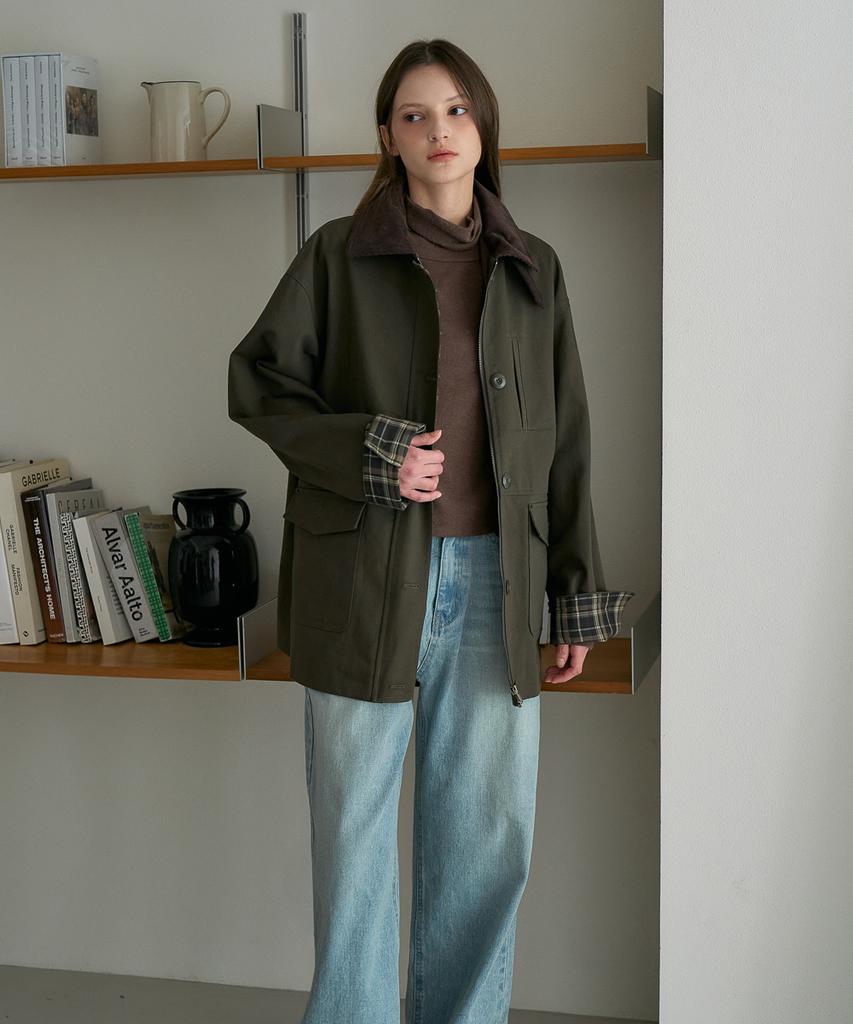 DEHEVE Check Sleeve Work Jacket [Khaki]