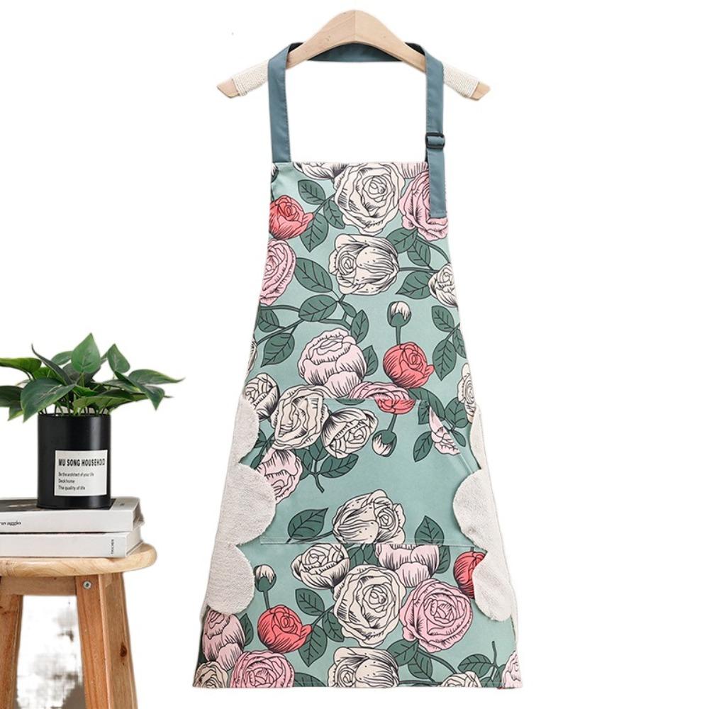 Rose Print Waterproof Apron With Hand Towel Restaurant Uniform Work Apron Household