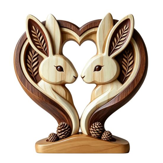 Праздничные сувениры для семьи Деревянная фигурка животного на устойчивой подставке, Двухслойная резная фигурка, Уникальное деревянное искусство Домашняя скульптура в форме сердца