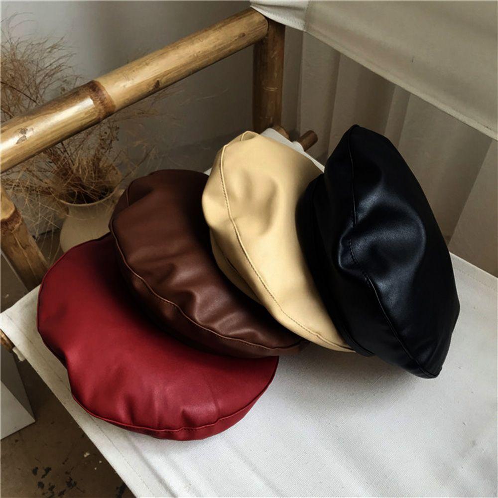 Solid Warm Beanie Female Ladies French Artist Hat Beret Cap Adjustable Hat PU Leather Berets