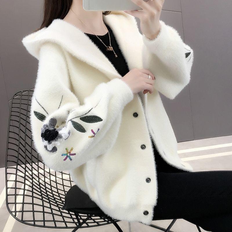 Waterproof Faux Mink Fur Hooded Coat Womens, Loose Knit Cardigan Top Winter Outerwear